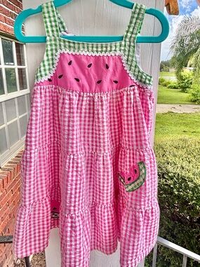 vintage specialty girl 2t watermelon gingham tiered sundress pink green fruit